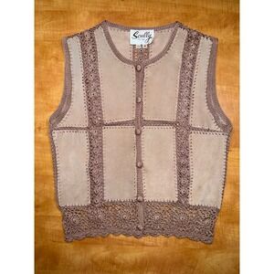 Scully Leather Crochet Knit Vest Mauve Tan Western Boho Suede Button Front Small